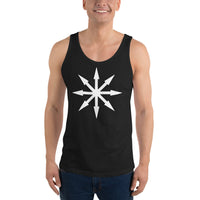 White Chaos Star design on men's tank top, front view