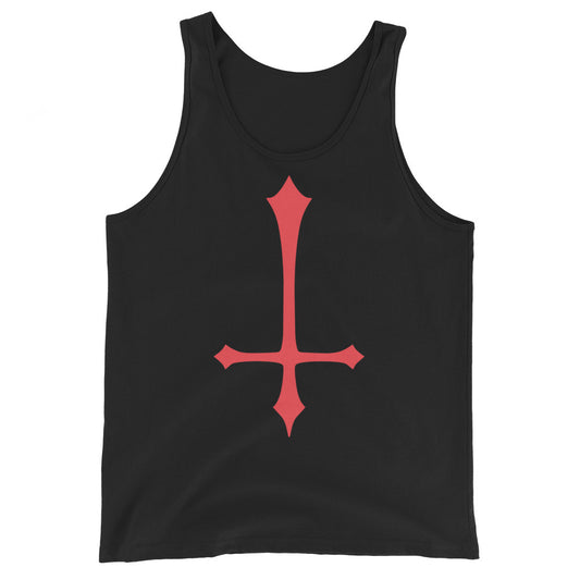 Red Inverted Cross design on men's tank top, front view