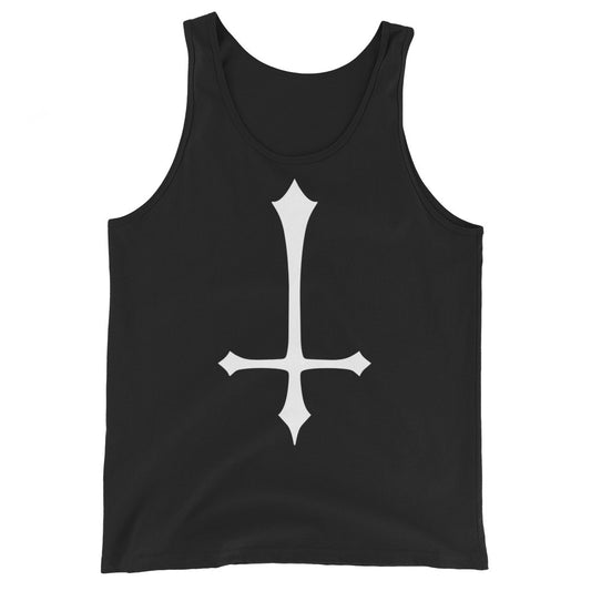 White Inverted Cross design on men's tank top, front view