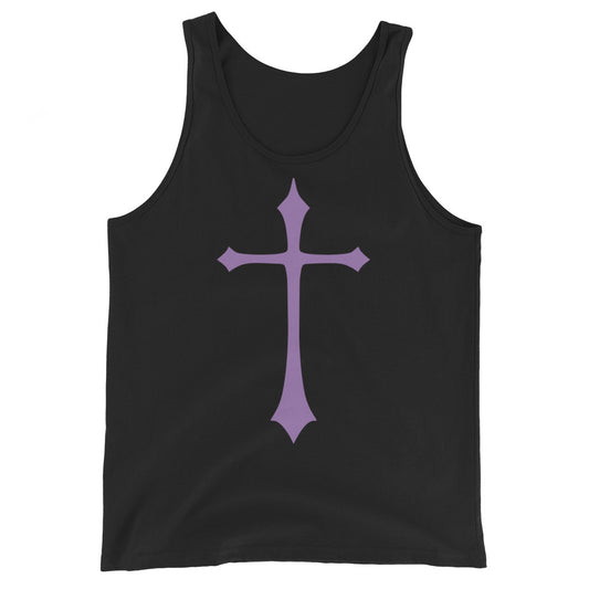 Purple Medieval Cross design on men's tank top, front view