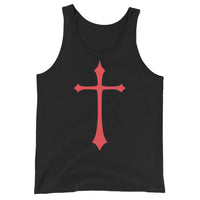 Red Medieval Cross design on men's tank top, front view