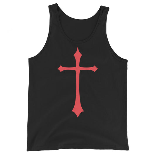 Red Medieval Cross design on men's tank top, front view