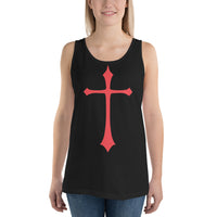 Red Medieval Cross design on men's tank top, front view