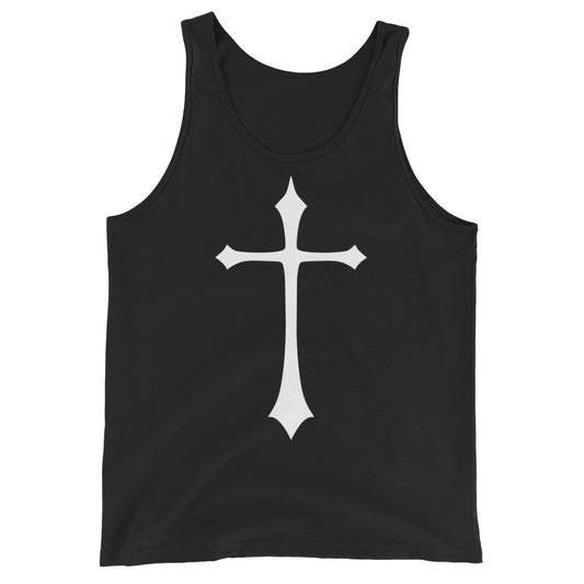 White Medieval Cross design on men's tank top, front view
