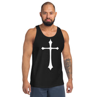 White Medieval Cross design on men's tank top, front view