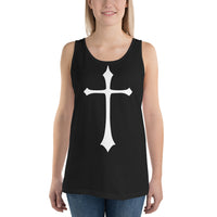 White Medieval Cross design on men's tank top, front view