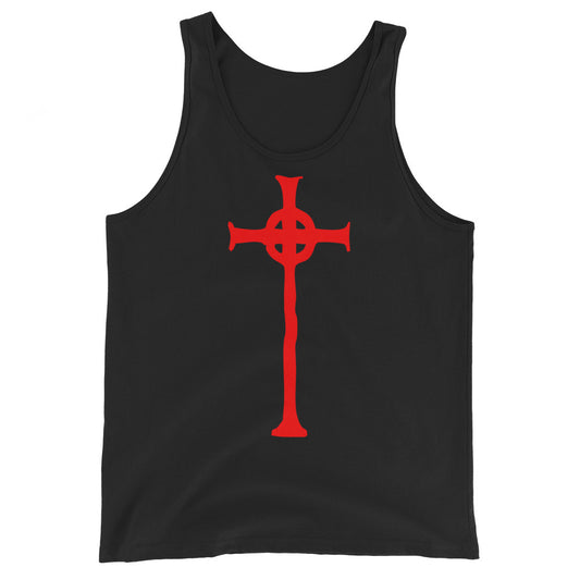 Vampire Hunter Cross design on men's tank top, front view