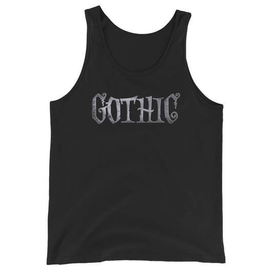 Gothic Spider Web Wordmark design on men's tank top, front view