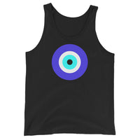 Classic Evil Eye design on men's tank top, front view