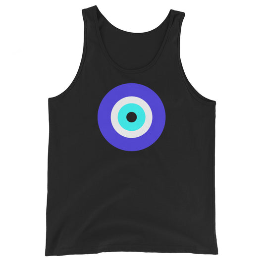 Classic Evil Eye design on men's tank top, front view