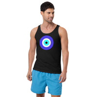 Classic Evil Eye design on men's tank top, front view