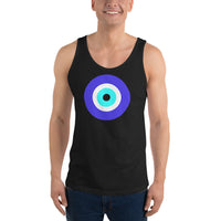 Classic Evil Eye design on men's tank top, front view