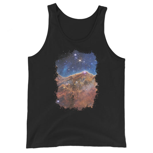 Carina Nebula JWST design on men's tank top, front view