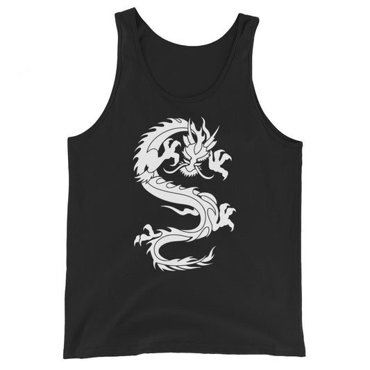 Ancient Chinese Loong Dragon design on men's tank top, front view