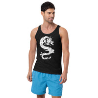 Ancient Chinese Loong Dragon design on men's tank top, front view