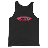 Red Danger Sign design on men's tank top, front view