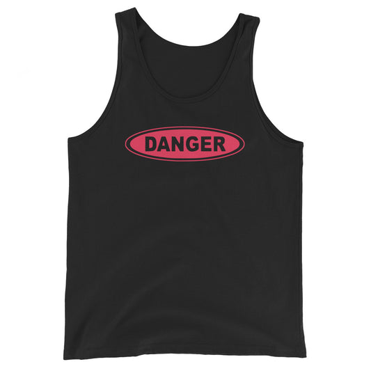 Red Danger Sign design on men's tank top, front view
