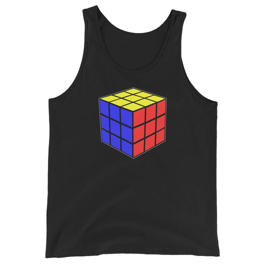 Magic Speed Cube design on men's tank top, front view