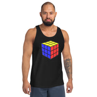 Magic Speed Cube design on men's tank top, front view