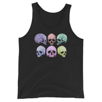 Pastel Death Skulls design on men's tank top, front view