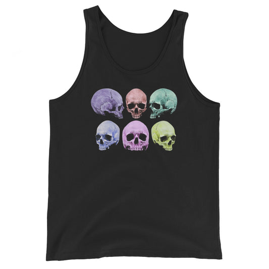 Pastel Death Skulls design on men's tank top, front view