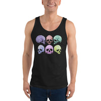 Pastel Death Skulls design on men's tank top, front view