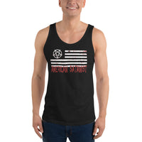 American Satanist Pentagram design on men's tank top, front view