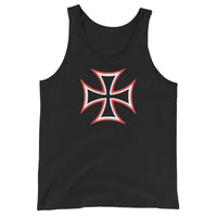 Red White Iron Cross design on men's tank top, front view