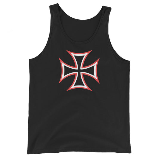 Red White Iron Cross design on men's tank top, front view