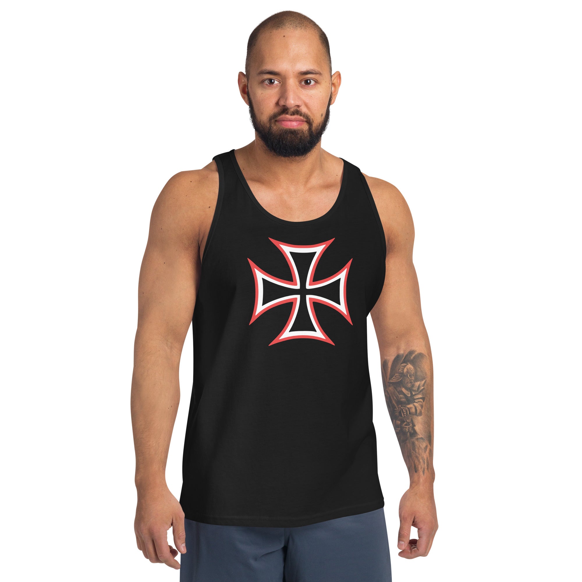 Red and White Occult Biker Cross Symbol Men's Tank Top Shirt