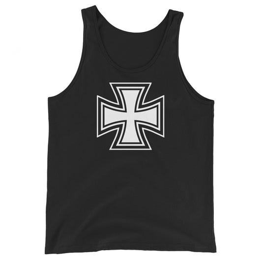Black White Iron Cross design on men's tank top, front view