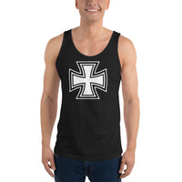 Black White Iron Cross design on men's tank top, front view