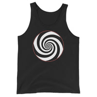 Hypnotic Spiral Illusion design on men's tank top, front view