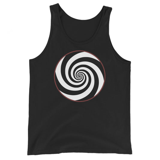 Hypnotic Spiral Illusion design on men's tank top, front view