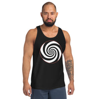 Hypnotic Spiral Illusion design on men's tank top, front view