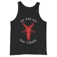 In Satan We Trust 666 Goat Head design on men's tank top, front view