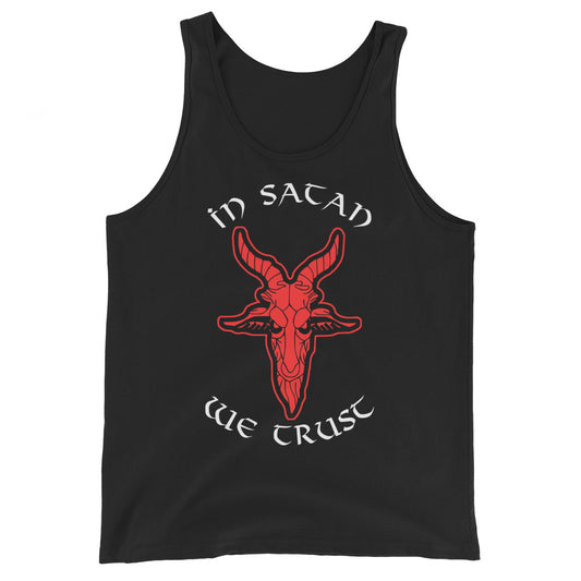 In Satan We Trust 666 Goat Head design on men's tank top, front view