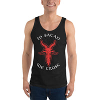In Satan We Trust 666 Goat Head design on men's tank top, front view