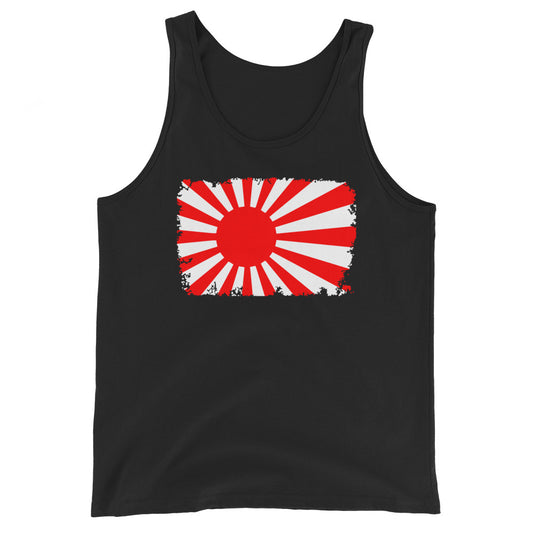 Japan Rising Sun Flag design on men's tank top, front view
