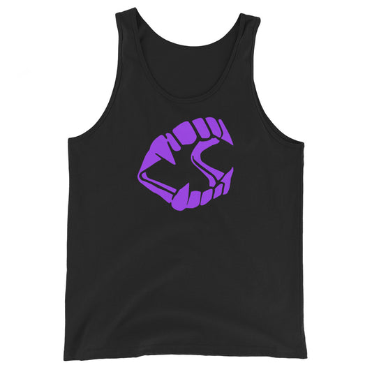 Purple Novelty Vampire Fangs design on men's tank top, front view