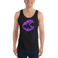 Purple Novelty Vampire Fangs design on men's tank top, front view