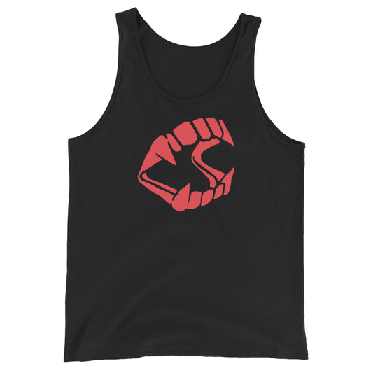 Red Novelty Vampire Fangs design on men's tank top, front view