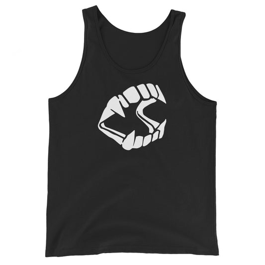White Novelty Vampire Fangs design on men's tank top, front view
