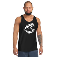 White Novelty Vampire Fangs design on men's tank top, front view