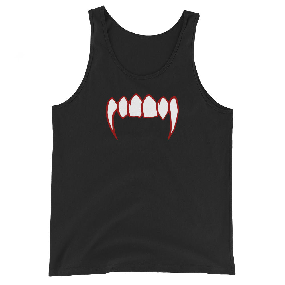 Bloody Vampire Fangs design on men's tank top, front view