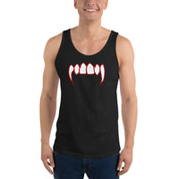 Bloody Vampire Fangs design on men's tank top, front view