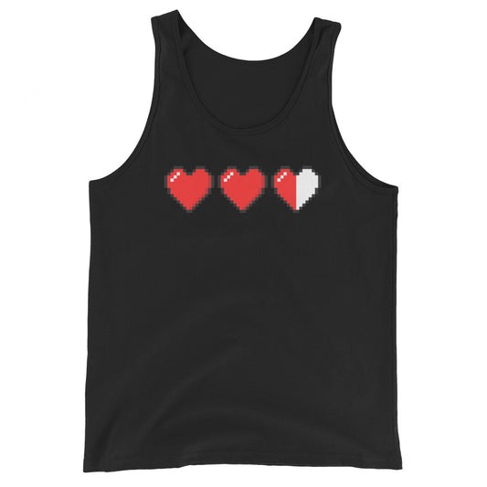 3 Heart Meter design on men's tank top, front view