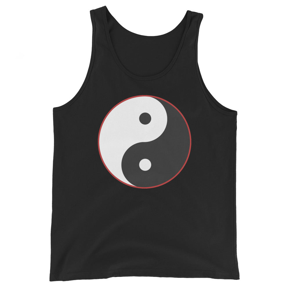 Yin Yang Symbol design on men's tank top, front view