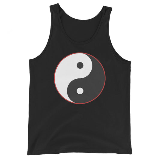 Yin Yang Symbol design on men's tank top, front view