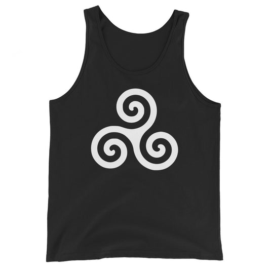 White Triskelion design on men's tank top, front view